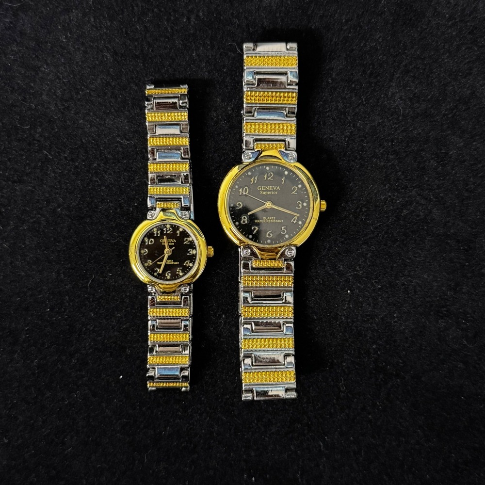 Geneva Superior His & Hers Watch Set Two Tone Gold Silver Black Dial Quartz